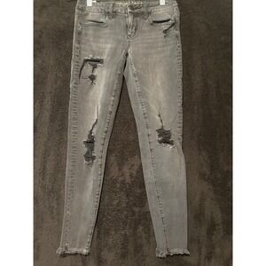 American Eagle Super Stretch Gray Distressed Skinny Jeans‎ Super Low Jeggings